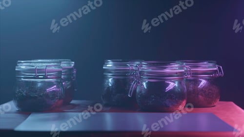 Preview: Five glass jars with different types of leaf tea standing on the table in dark room on black wall