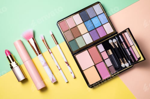 Preview: Makeup products and decorative cosmetics on color background flat lay