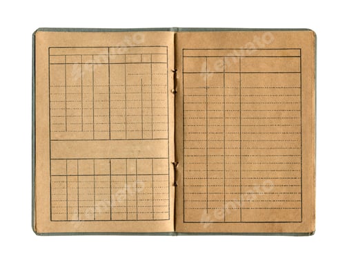 Preview: small old notebook with vintage yellow brown paper cloth cover and empty spreadsheet