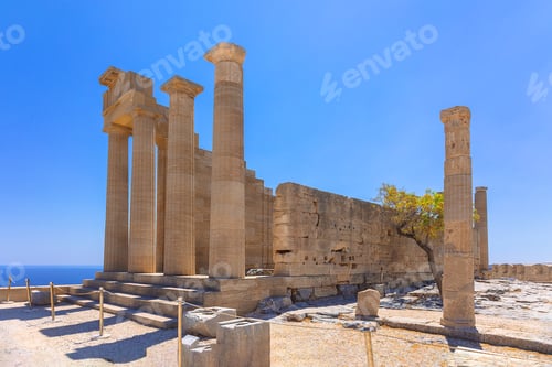 Preview: Panoramic view of ruins of ancient city of Lindos on colorful island of Rhodes, Greece. Famous