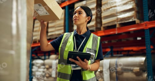 Preview: Warehouse, woman and tablet for stock management, logistic or quality control in inspection. Female