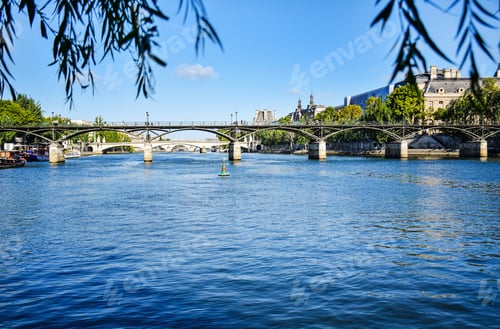 Preview: Beautiful panoramic view from the Seine River to the bridge and the city landscape. Paris, France
