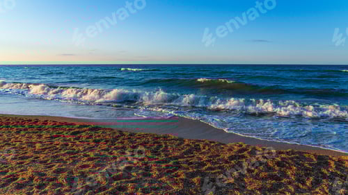 Preview: Empty beach with yellow sand and blue waves, quarantine at the resort