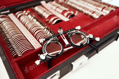 Preview: Shot of various lenses for glasses in an optometrists office