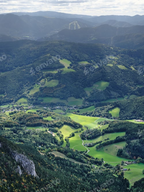 Preview: View of the surrounding villages and hills from the Rax mountain range in Austria
