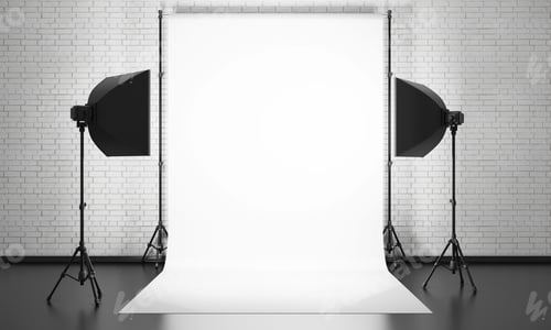 Preview: Photo studio equipment on a brick wall background. 3d render illustration.