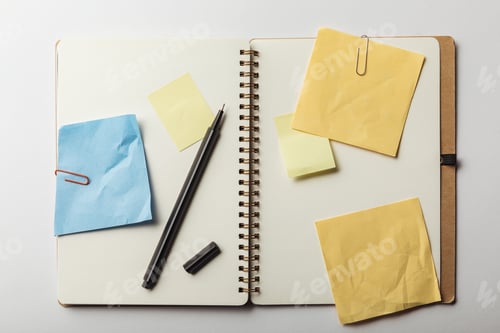 Preview: top view of opened notebook with blue and yellow sticky notes with paper clips on white background
