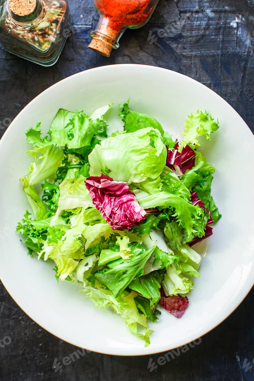 Preview: Healthy Salad, Leaves Mix Salad (Mix Micro Greens, Vegetable Snack). Food Background, Copy Space