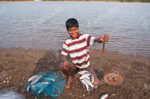 Preview: Young Fisherman take fish out of the net in front lake, India.