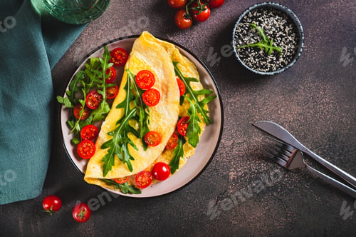 Preview: French omelette filled with cherry tomatoes and arugula on a plate on the table top view
