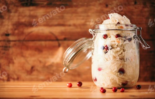 Preview: Fermented cabbage with cranberry in glass jar over wooden background. Probiotics food concept