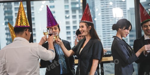 Preview: businessman and business partner person team in success, happy and fun in group celebration party