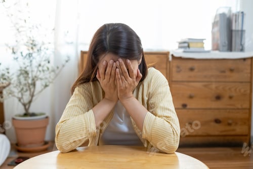 Preview: woman hand touching head have headache, young asian female stressed from hard work,