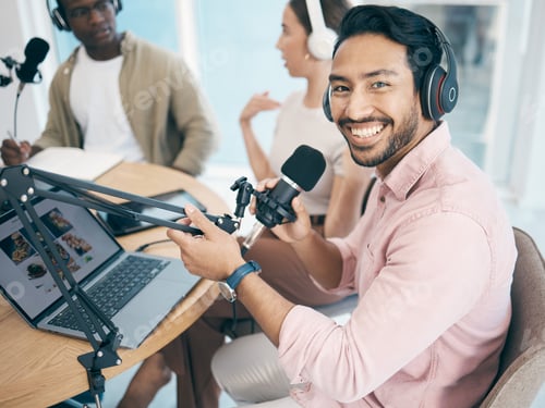 Preview: Man, microphone and radio, headphones and laptop in portrait, media or press with journalist or DJ