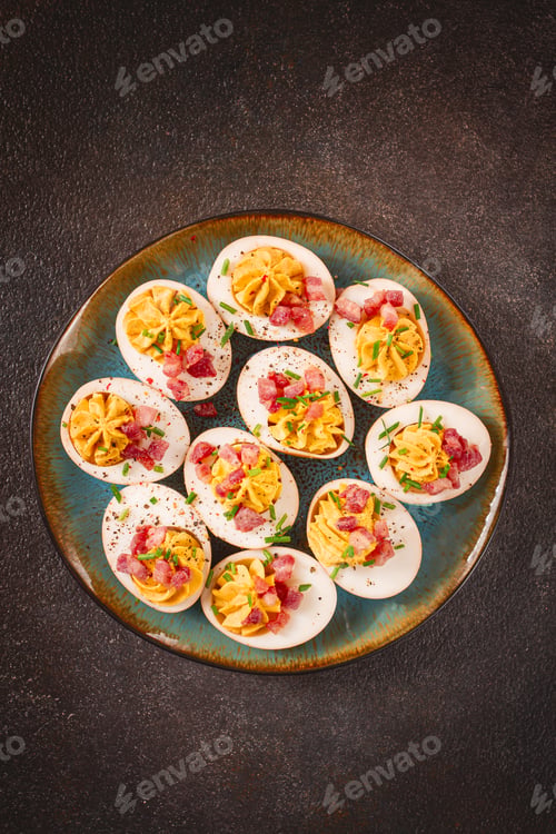 Preview: Spicy, stuffed ramen eggs, with bacon and green onions, homemade, no people,