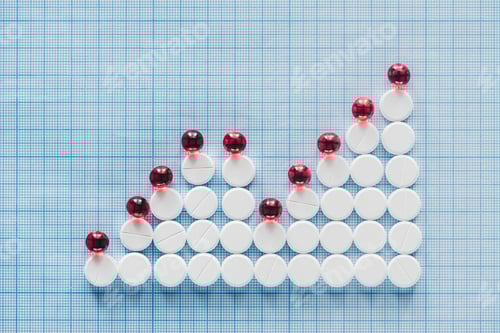 Preview: elevated view of graph from red and white pills on blue checkered surface