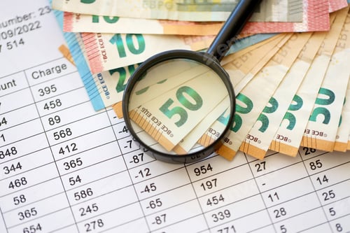 Preview: Business and savings concept with many euro money bills and magnifying glass