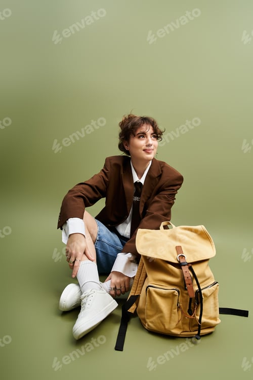 Preview: Stylish young woman with a charming smile poses casually against a green backdrop