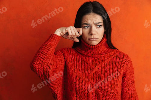 Preview: Young hispanic sad woman wearing sweater crying on camera