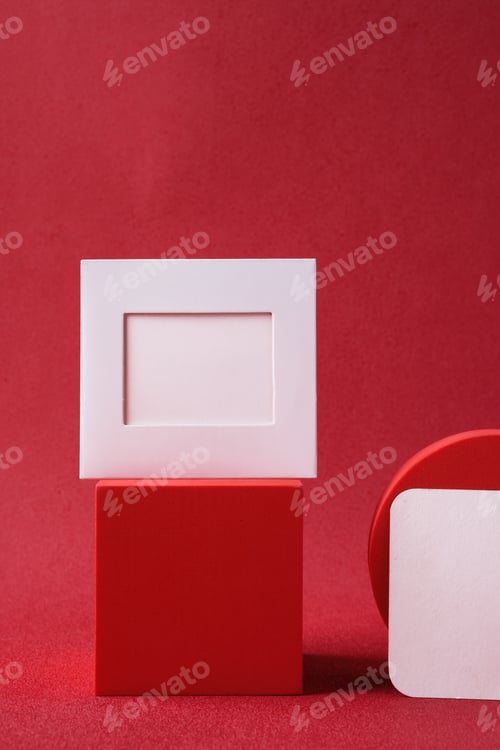 Preview: mockup blank paper frame with pedestal on red background