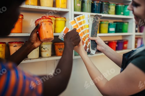 Preview: Interracial graphic workers' hands choosing paint buckets for printing
