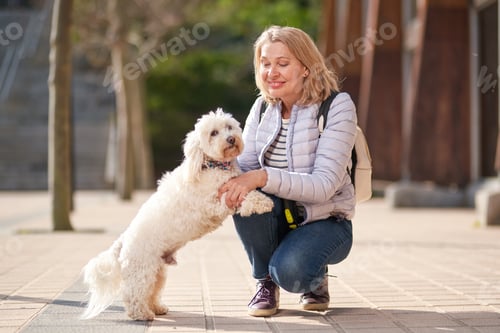 Preview: Elderly Pensioner Woman Walk Park White Small Dog.