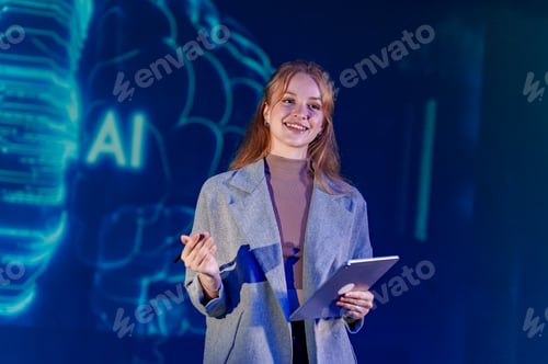 Preview: Young woman presents at technology conference with digital backdrop on artificial intelligence