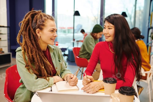 Preview: Two young intercultural businesswomen working over presentation together