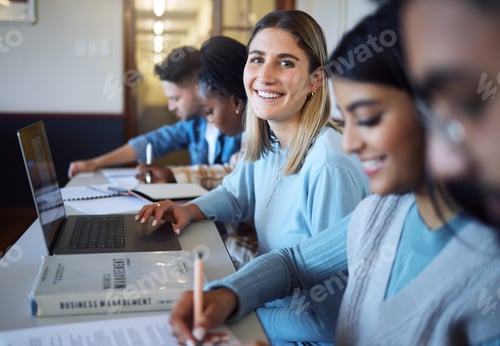 Preview: University, education and students in lecture learning and studying business management. College, e