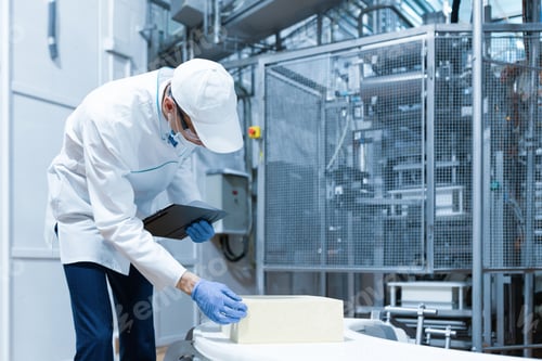 Preview: man in a white robe and a cap make an inspection of the production line