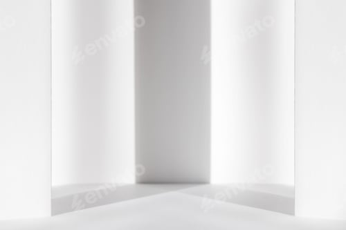 Preview: Abstract white 3d studio background for cosmetic product. Empty grey room with shadows of window.