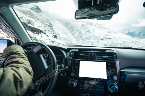Preview: Driving off road car on snowing high altitude mountain trail on winter day