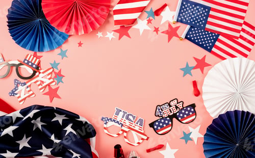 Preview: USA independence day party elements top view flat lay on pink