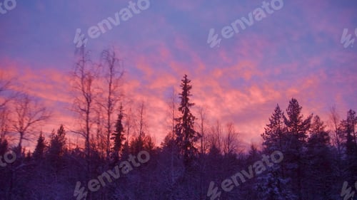 Preview: evening road, pink sunrise in Lapland