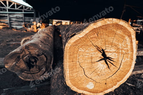 Preview: cedar logs with bark in sawmill with sunset light