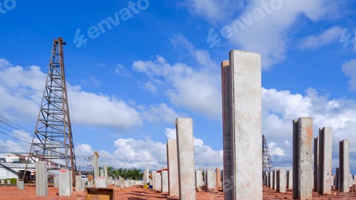 Preview: Many precast concrete piles foundation structure with pile driver in industrial construction site