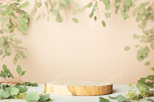 Preview: Wood slice podium on beige background for cosmetic product mockup