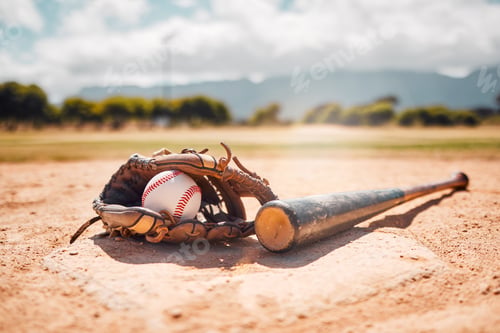 Preview: Baseball, sport and exercise with a bat, ball and mitt on a base plate on a pitch outdoor after a c