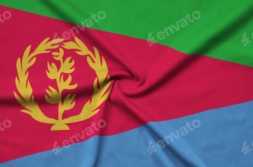Preview: Eritrea flag is depicted on a sports cloth fabric with many folds. Sport team waving banner