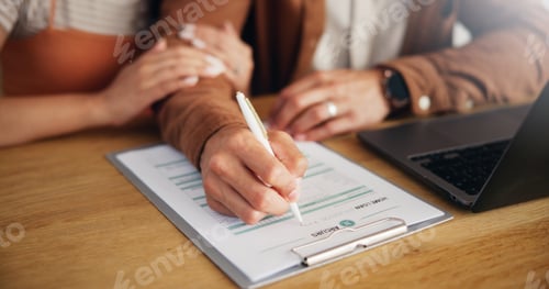 Preview: Couple, laptop and hands with writing on document for loan application, asset management or financi