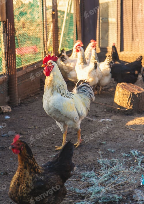 Preview: Chickens and a rooster in a henhouse. Selective focus.