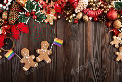 Preview: Christmas background of gingerbread cookie men with rainbow flags on wooden table