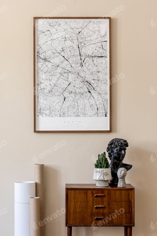 Preview: Modern scandinavian living room interior with mock up poster frame.