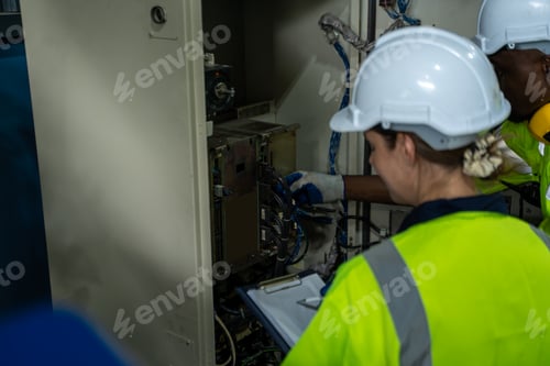 Preview: Engineer checking weld header of welding arm robot machine with data specification.