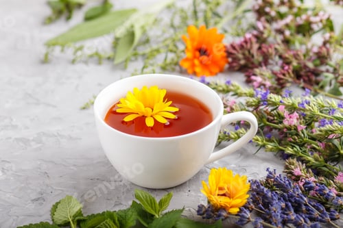 Preview: Cup of herbal tea with calendula, lavender, oregano, hyssop, mint and lemon balm on a gray concrete