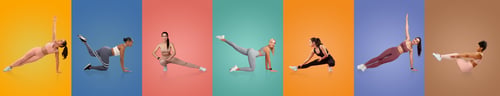 Preview: Women showcasing fitness exercises in vibrant settings