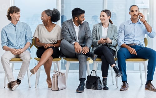 Preview: Business communication, team conversation and talking of corporate staff on a lunch break in a row.