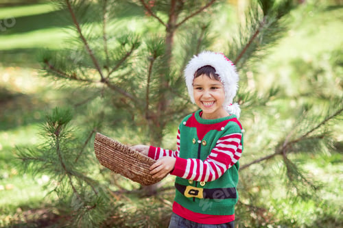 Preview: Little boy in sweater and hat waiting for a Christmas in the wood