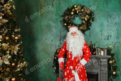 Preview: Portrait of an emotional Santa Claus in decorated living room with Christmas tree