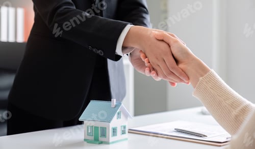 Preview: Real estate agent or realtor shakes hands with her client after making the deal in the office